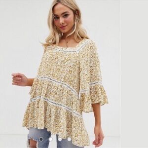 Free People Mustard Talk About It Tunic Floral Boho SMALL